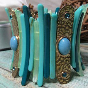 Multi Colored Green Unique Bead Bracelet With Metal Accents